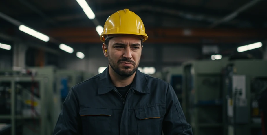 Trabalhador industrial com expressão de desconforto devido à iluminação inadequada no ambiente de fábrica. A luz mal planejada causa fadiga visual e afeta a produtividade e segurança no trabalho.